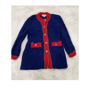 St. John Marie Gray Wool Coat Long Sweater Cardigan Nautical Military Gold Sz 8